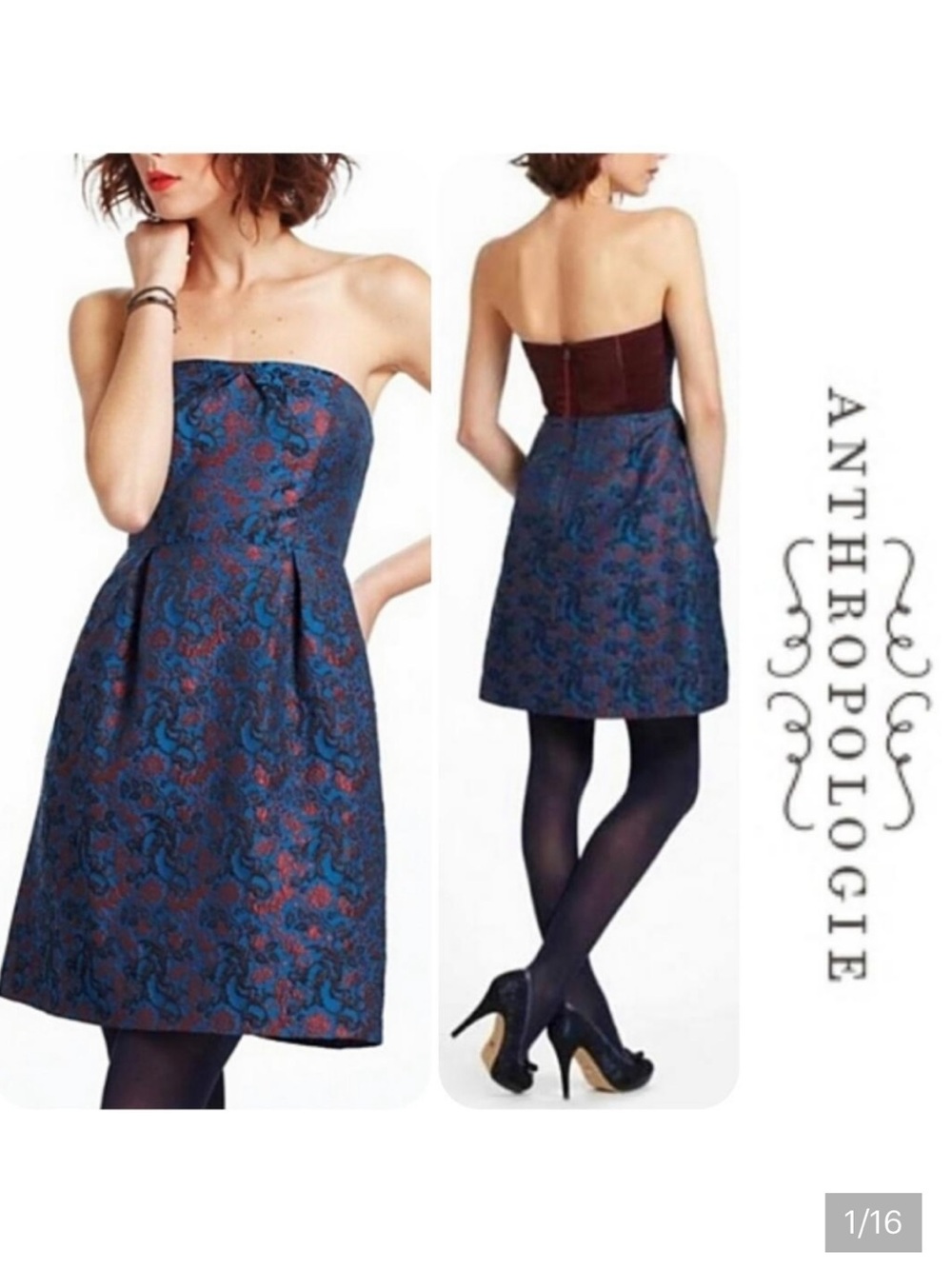 Anthropologie Strapless Blue and Red Brocade Leifnotes Size 12 Dress